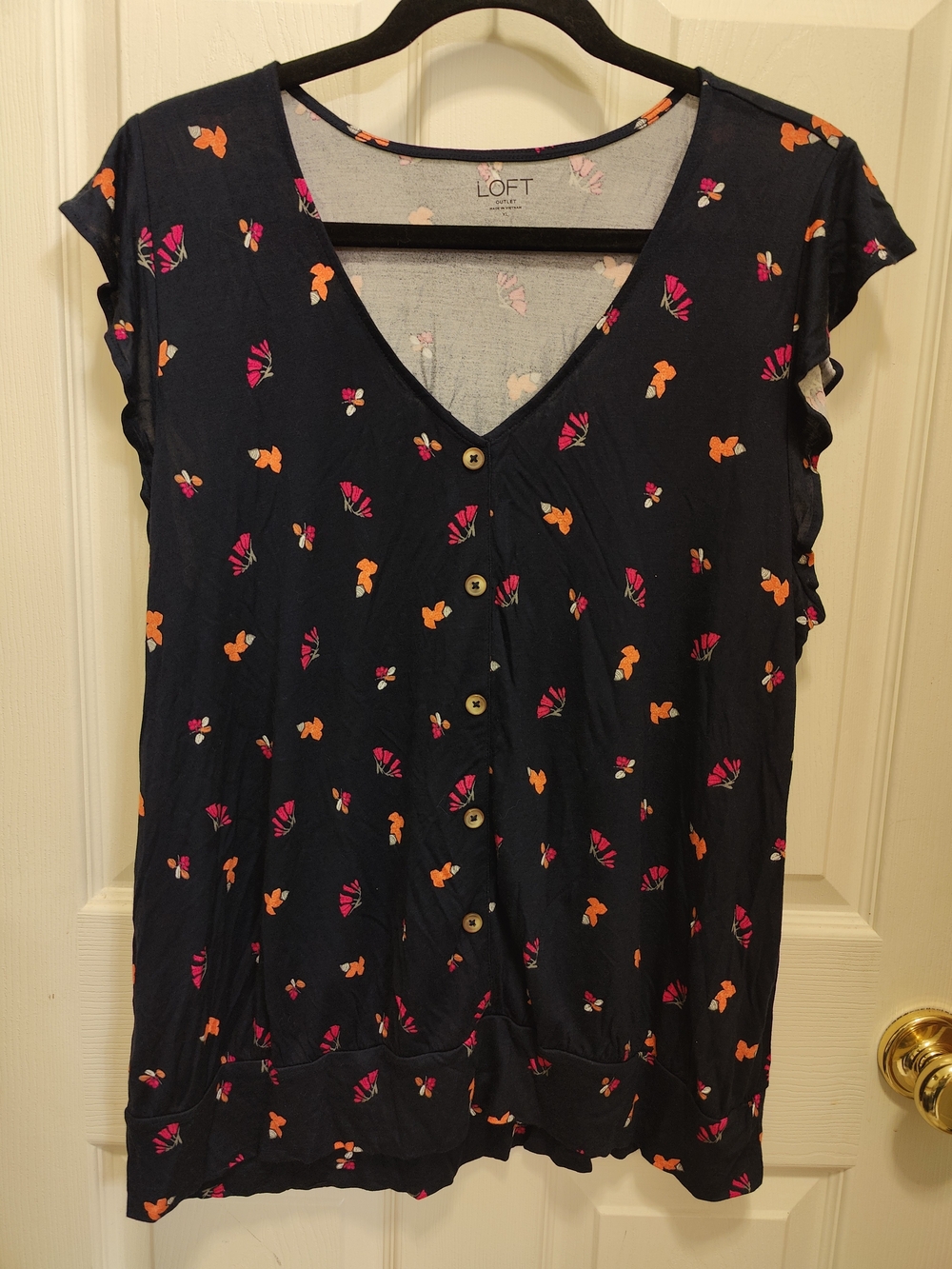 LOFT Navy Button-Front Cap Sleeve Top with Pink and Orange Floral Accents
